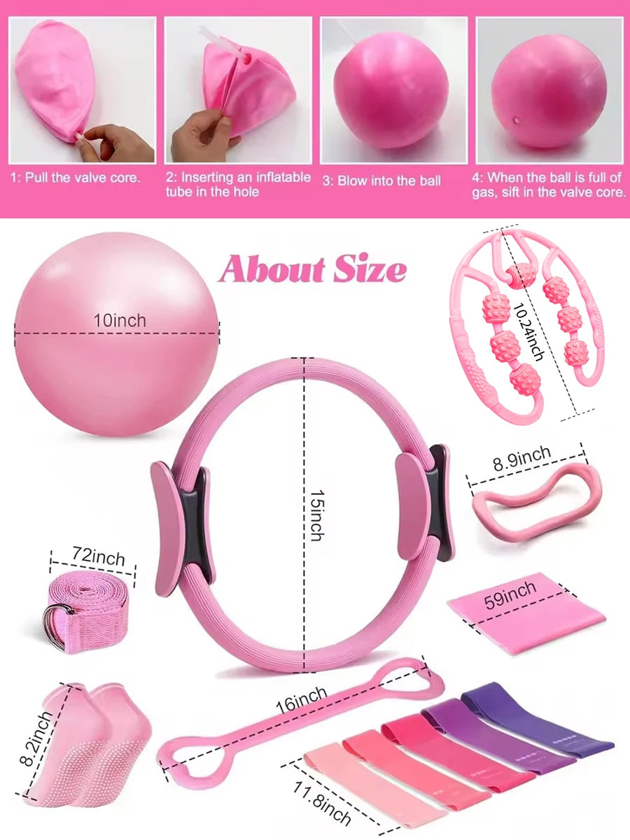 Pilates Set, Pilates Ring Zubehör Set 13 Teiliges mit Yoga Ball, Yoga Gurt, Fitnessbänder, Pilates Socken, Trainingsposter & Tragbarer Tasche, Home Pilates Essential Kit für Frauen