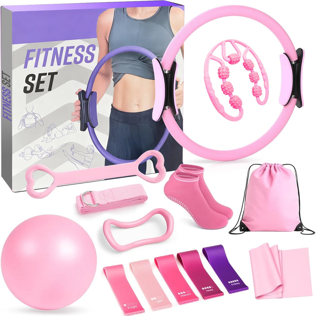 Pilates Set, Pilates Ring Zubehör Set 13 Teiliges mit Yoga Ball, Yoga Gurt, Fitnessbänder, Pilates Socken, Trainingsposter & Tragbarer Tasche, Home Pilates Essential Kit für Frauen