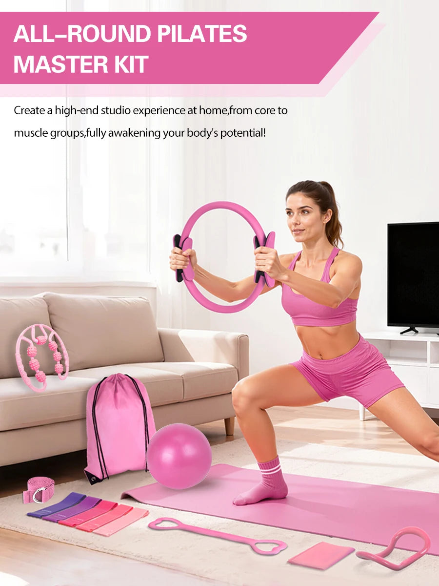 Pilates Set, Pilates Ring Zubehör Set 13 Teiliges mit Yoga Ball, Yoga Gurt, Fitnessbänder, Pilates Socken, Trainingsposter & Tragbarer Tasche, Home Pilates Essential Kit für Frauen