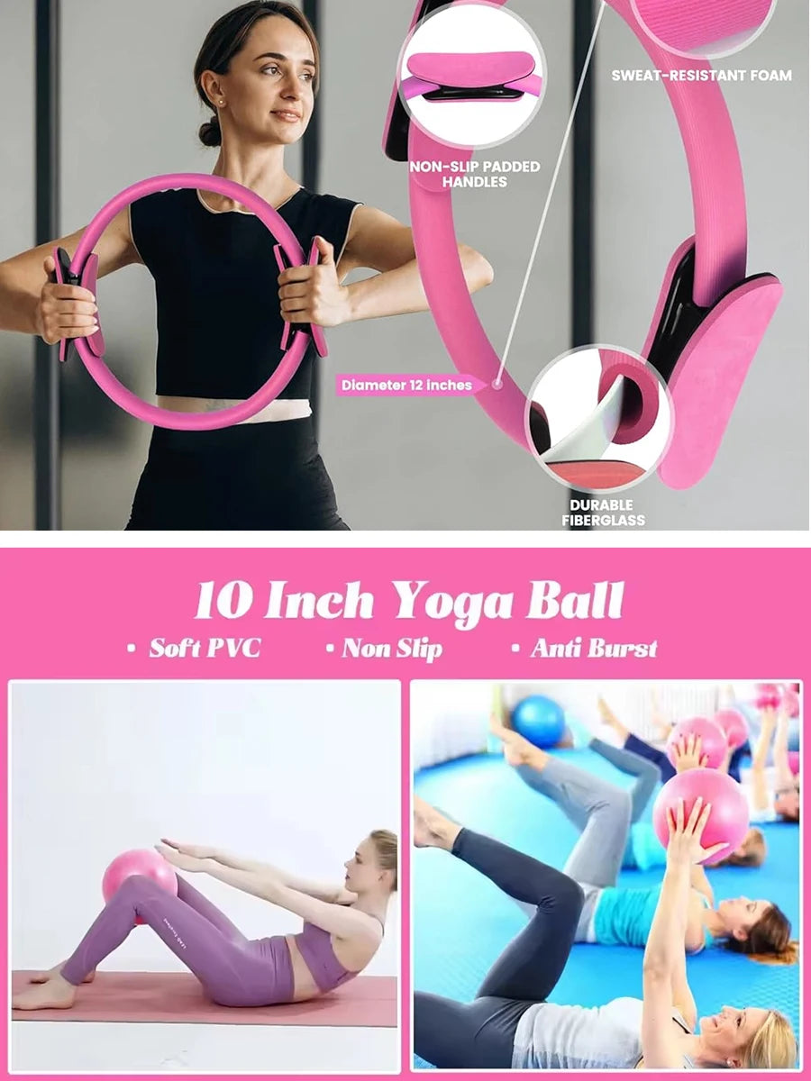 Pilates Set, Pilates Ring Zubehör Set 13 Teiliges mit Yoga Ball, Yoga Gurt, Fitnessbänder, Pilates Socken, Trainingsposter & Tragbarer Tasche, Home Pilates Essential Kit für Frauen