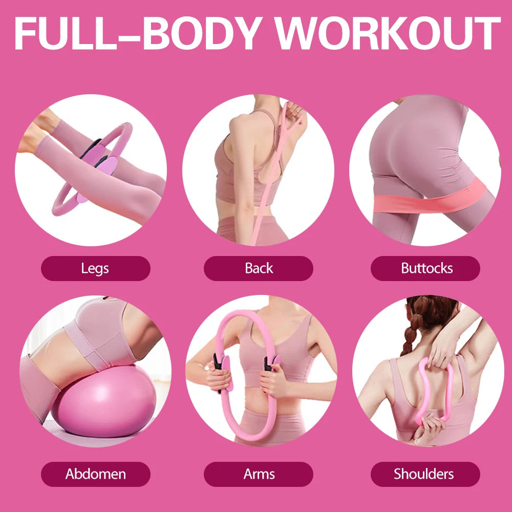 Pilates Set, Pilates Ring Zubehör Set 13 Teiliges mit Yoga Ball, Yoga Gurt, Fitnessbänder, Pilates Socken, Trainingsposter & Tragbarer Tasche, Home Pilates Essential Kit für Frauen